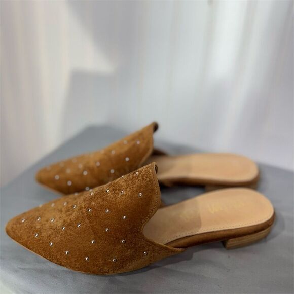 Mi.iM Brown Studded Leather Mules Slides Sz 7 Pointed Toe Flat Loafers Boho - Picture 2 of 8